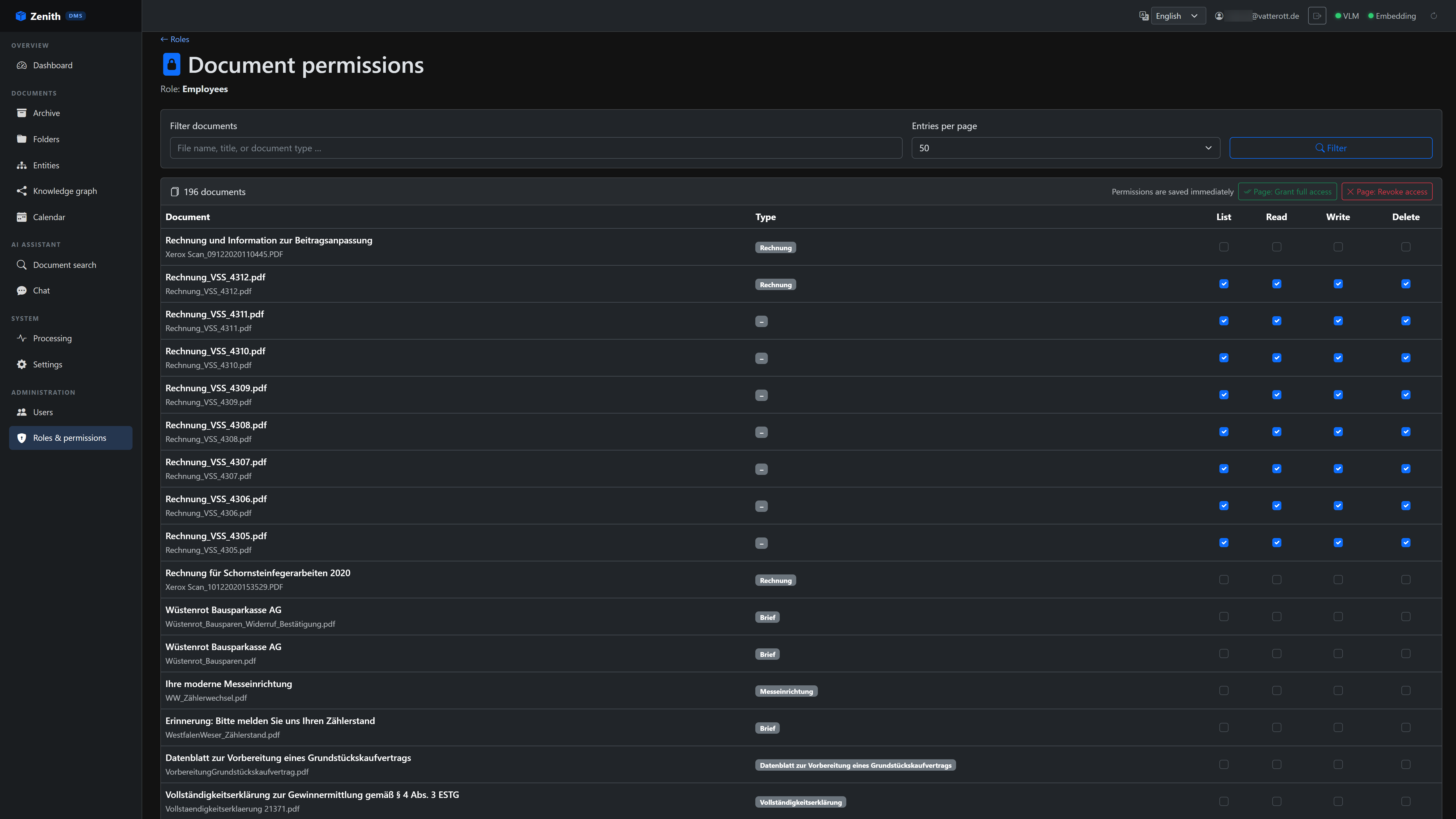 Zenith – Document permissions